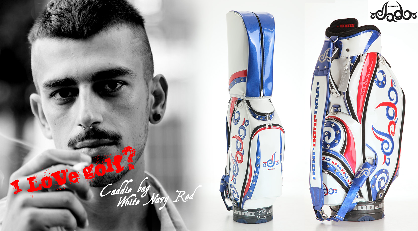 【Tatoo】ゴルフキャディバッグ ホワイト×ネイビー×レッド